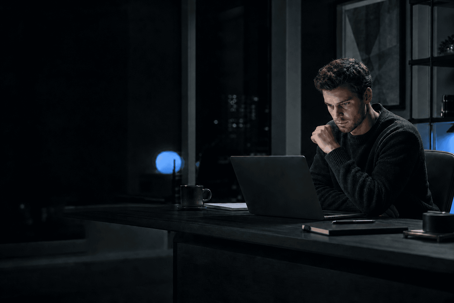 Focused investor reviewing research at a dark modern desk
